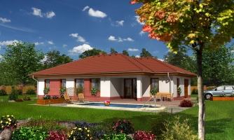 3-room single-storey family house with corner fireplace and a garage.